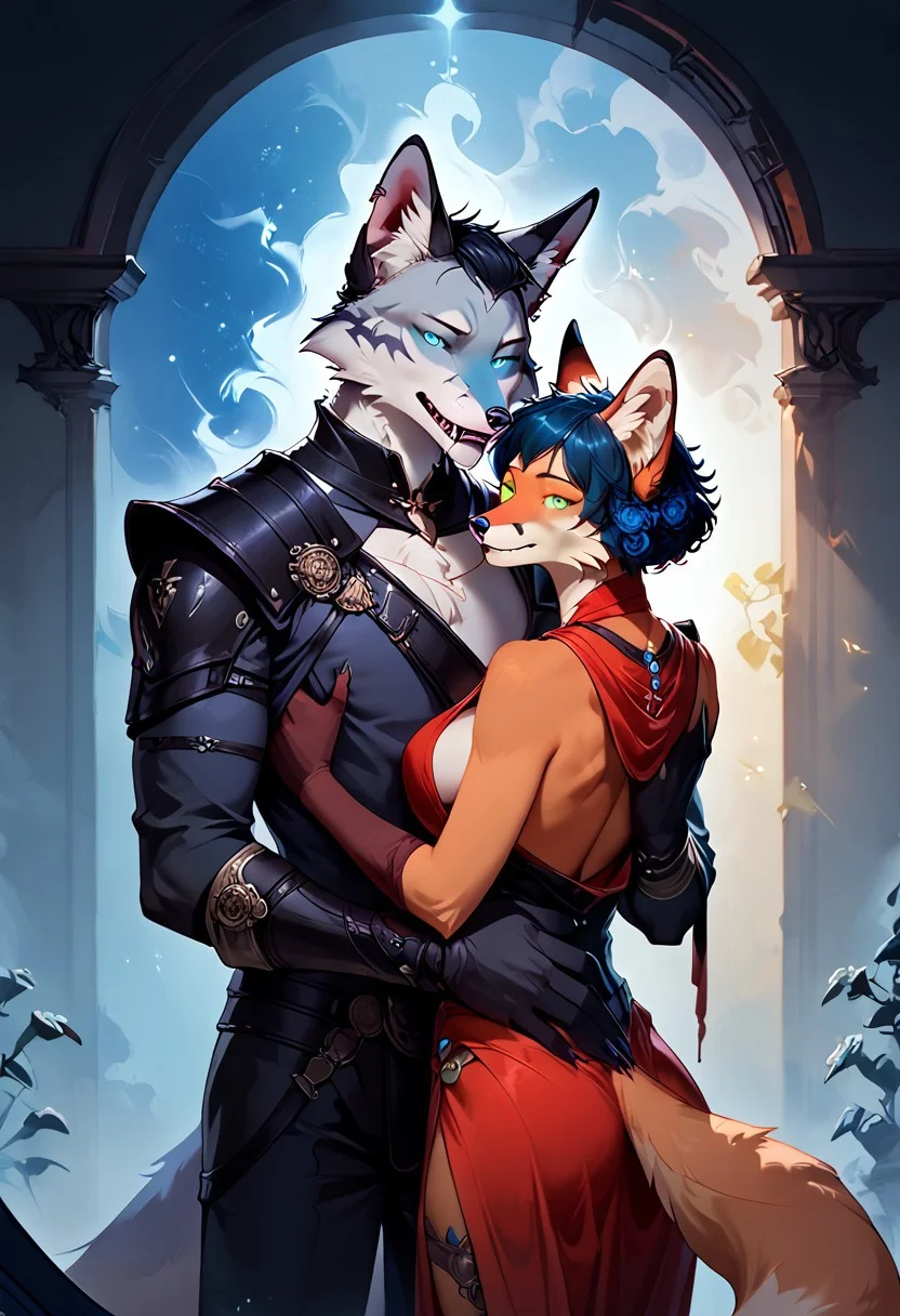 score_9, score_8_up, score_7_up, source masterpiece, expressive eyes, perfect face, cinematic lighting, volumetric lighting, bloom,(28yo anthro fox female, white furr, cannince snout, cannince fangs, fluffy tail, intrikate hair style, multicoloured hair, looking sideways at viewer, busty, sideboob,standing in front),(Anthro fox male, short hair, greeen eyes, looking at other, standing behind,grabbing another's breas,hand_under_clothes), at night. mysterious moonshine,caslte athmosphere, florescent flowers,warm romantic athmosphere,concept art, realistic,Expressiveh