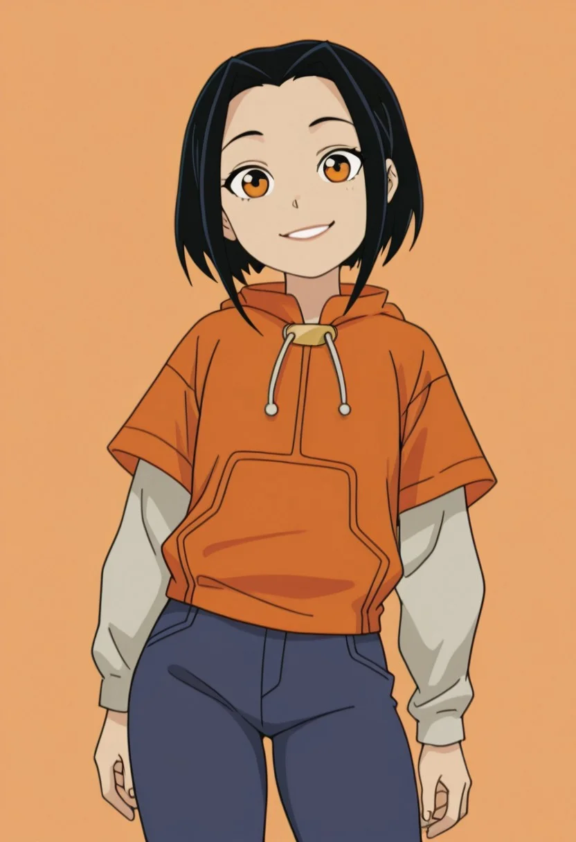 jade, 1girl, solo, black hair, short hair, orange eyes, orange hoodie, long sleeves, blue pants ,smile,  <lora:JadeChanIllustrious1.00JLFO:1> jade, black hair, short hair, orange eyes, orange hoodie, long sleeves, blue pants,looking at viewer, cowboy shot, masterpiece, best quality, amazing quality, very aesthetic, absurdres,simple background, thick thighs, wide hips,