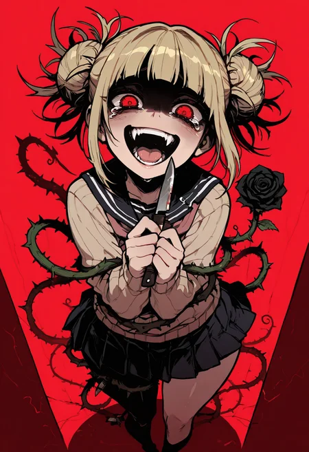 score_9, score_8_up, score_7_up, masterpiece, best quality, very aesthetic, detailed face, (dynamic:1.2), stylized, illustration, dynamic pose, (nsfw:1.2), girl, small nose, highres, absurdres,<lora:ck-shadow-circuit-IL:0.4> in the style of cksc, <lora:mon_monmon2133:0.2> <lora:Rapscallion_Illustrious:0.25> Rapscallionstyle, <lora:incoth:0.25> incoth, (incase:0.6), <lora:r17329_illu:0.35> r17329_illu, <lora:perspective:0.65>  striking angle, perspective, (himiko toga:1.3), (wide hips, blonde hair, messy buns, glowing red eyes:1.2), (beige cutout sweater, skirt:1.1), (black roses, thorns, many thorns, vines coiling around her, vine bindings, trapped, roses, drowning, knife, cutting roses, laughing, yandere grin, yandere smile, fangs, open mouth, red background, spotlight, tears, high contrast, dark shadows:1.2)âââ
