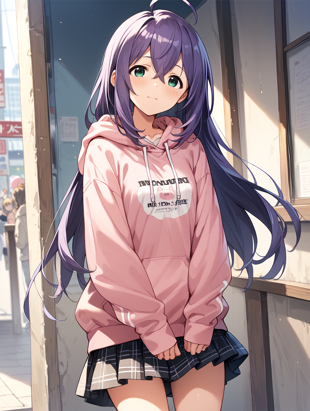 score_9,score_8_up,score_7_up,
official art,official style,game cg,megami magazine,
uncensored,
1girl,solo,
mochizuki anna,purple hair,green eyes,ahoge,long hair,
pink hoodie,skirt,hoodie,skirt,
<lora:idolmaster_mochizuki_anna_pony_v1.1-000006:1>,