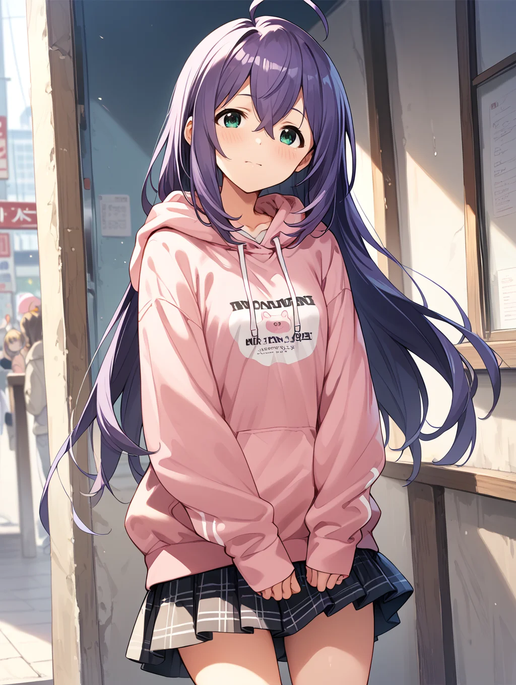 score_9,score_8_up,score_7_up,
official art,official style,game cg,megami magazine,
uncensored,
1girl,solo,
mochizuki anna,purple hair,green eyes,ahoge,long hair,
pink hoodie,skirt,hoodie,skirt,
<lora:idolmaster_mochizuki_anna_pony_v1.1-000006:1>,