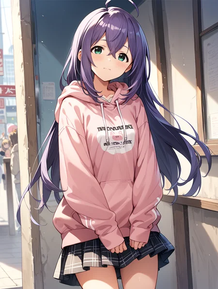 score_9,score_8_up,score_7_up,
official art,official style,game cg,megami magazine,
uncensored,
1girl,solo,
mochizuki anna,purple hair,green eyes,ahoge,long hair,
pink hoodie,skirt,hoodie,skirt,
<lora:idolmaster_mochizuki_anna_pony_v1.1-000006:1>,
