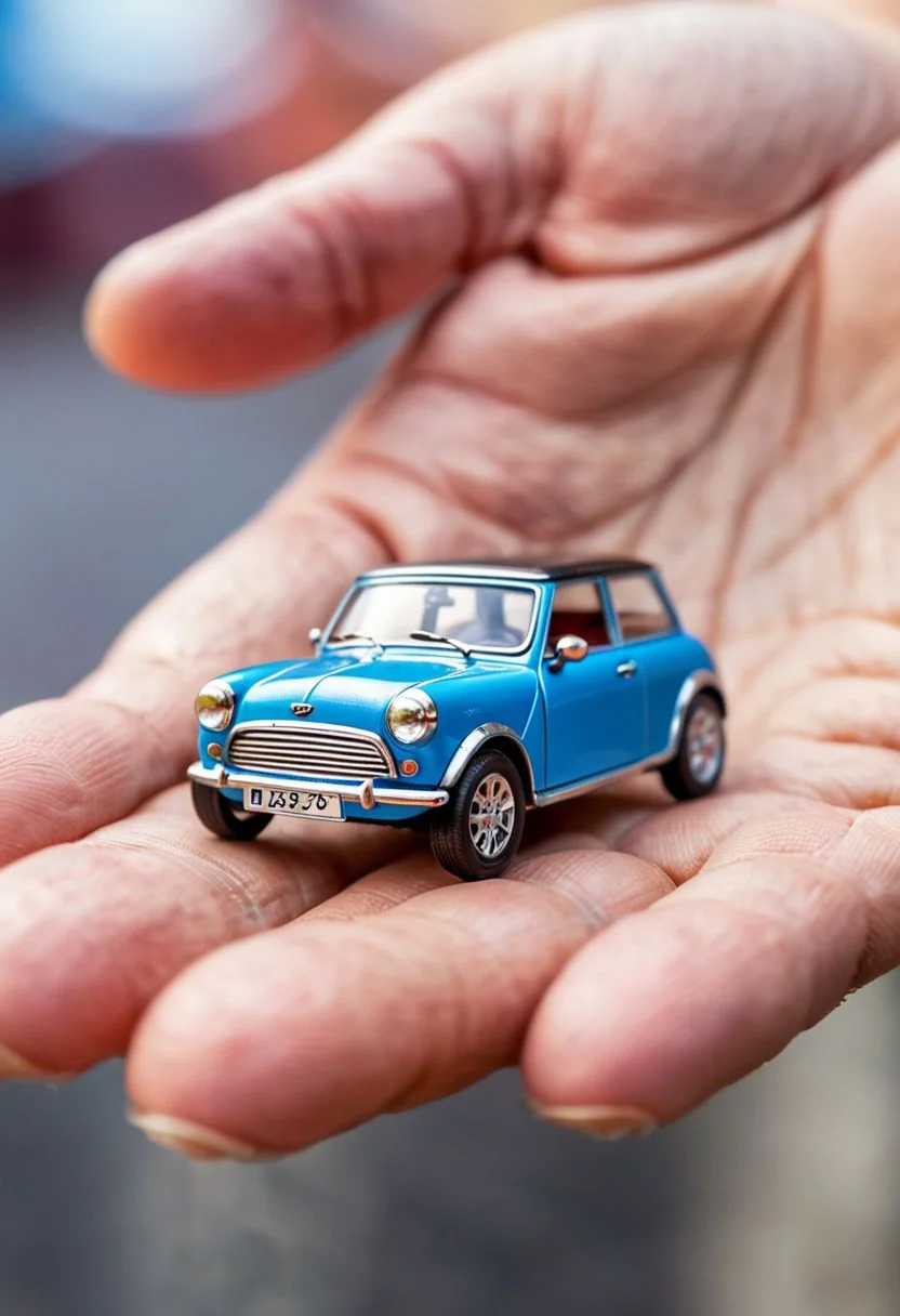 masterpiece,professional macro photography, micro car on a man's hand, detailed, shot from a low angle, (cinematic bokeh, dynamic range, vibrant colors)