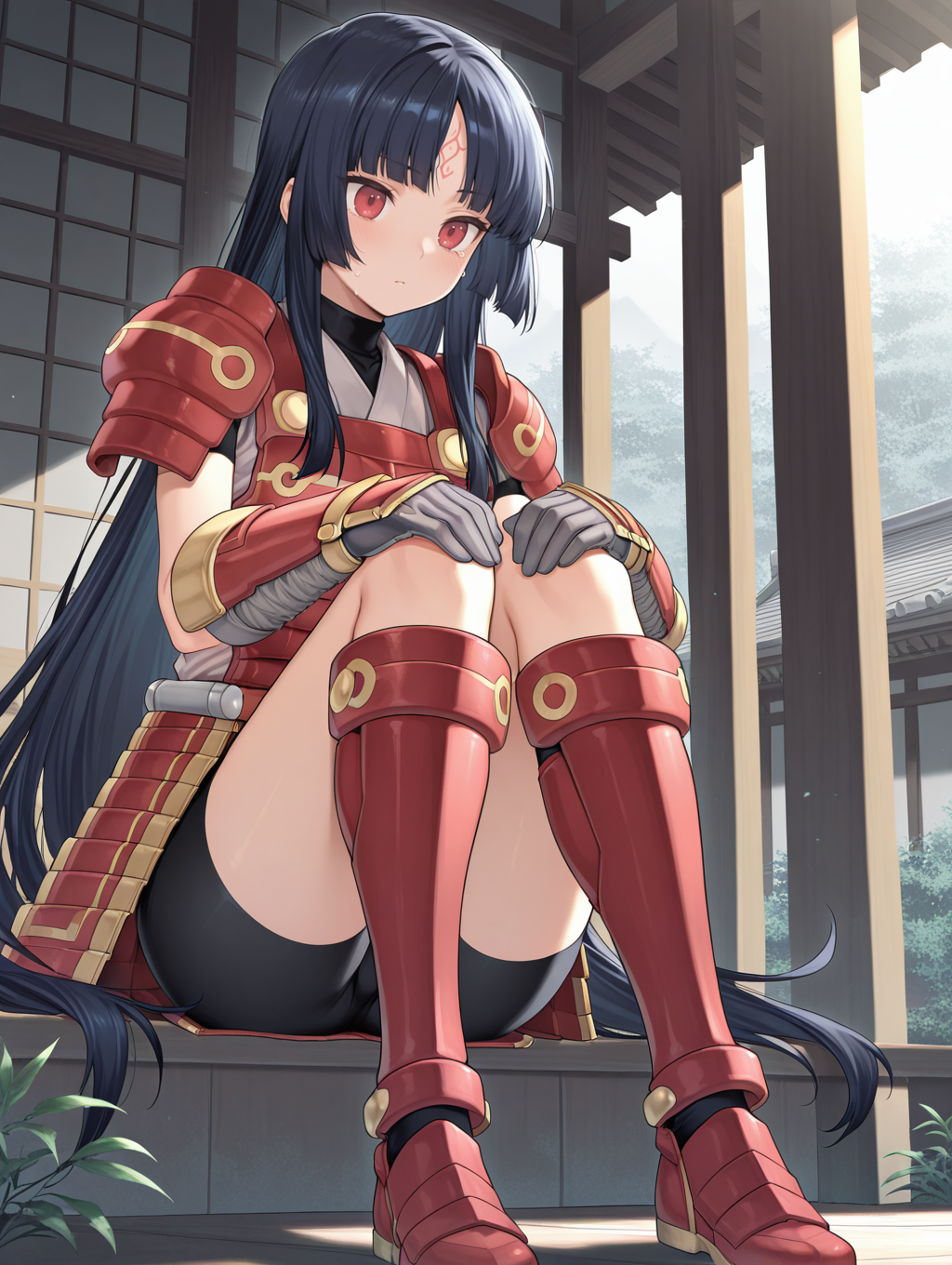 legendary six samurai - mizuho,solo,red eyes,sitting,hands on own knee,closed mouth,1girl,red armored gloves,red armored knee boots,black shorts,red armored skirt,red breastplate,white shirt,east asian architecture,red forehead mark,
masterpiece,best quality,amazing quality,very aesthetic,absurdres,newest,<lora:Legendary Six Samurai - Mizuho illuXL v1:0.75>,