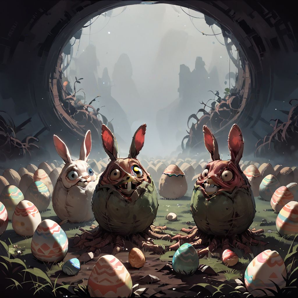 score_9, score_8_up, score_7_up, score_6_up, score_5_up, score_4_up, source_anime, BREAK, a group of xenoeggs on a sunny grass lawn, science fiction, horror_(theme), easter eggs, bunny playing with facehugger,,