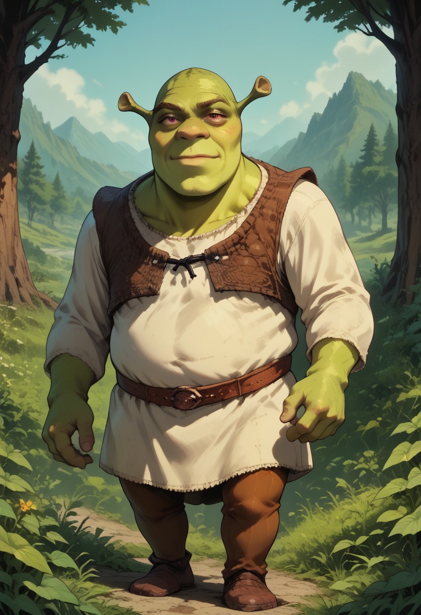 female focus, solo focus, solo, score_9, score_8_up, score_7_up, 1boy, shrek, green skin