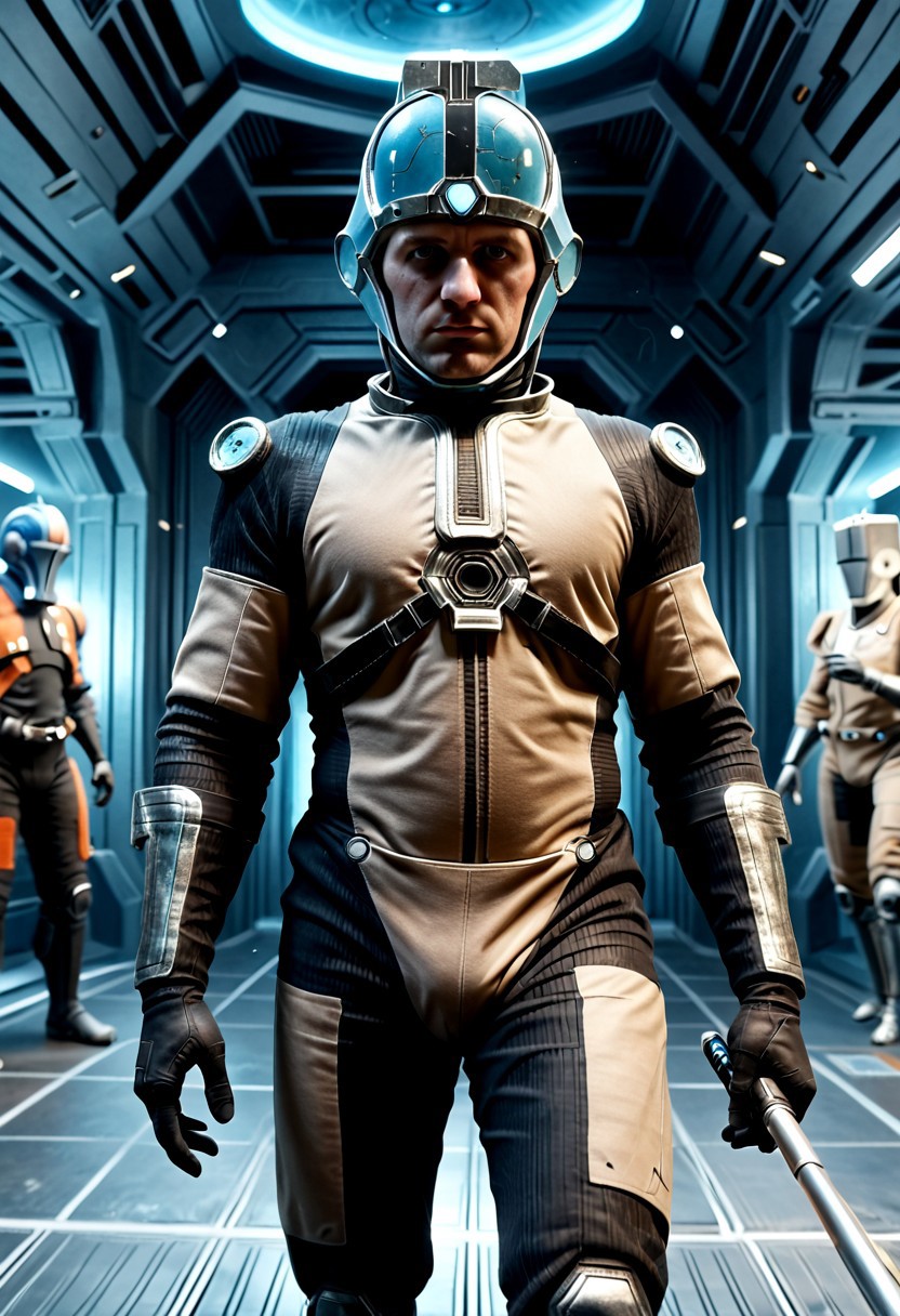 Corpus crewman in a spaceship corridor, science fiction,  dramatic shot, male focus, 1boy, male corpus crewman wearing corpus crewman helmet,  robot, rectangular helmet, blue light bar on helmet, brown and black corpus crewman suit, (helmet with hard edges, helmet with a flat front face, helmet with hard corners, helmet with blue light strip), black shoulder pad, tubes from metal chest plate, black gloves with silver palms, blue circle near hips,  metal bands below fore arm, fit, athletic build, square patch on thigh, holding electric baton,
realistic texture, realism, best quality, 
(((Corpus, corpus crewman, Tan and black corpus suit, corpus tileset,    Corpus helmet, wearing helmet, wearing corpus helmet,))) moa in the background, two legged robot in the background,