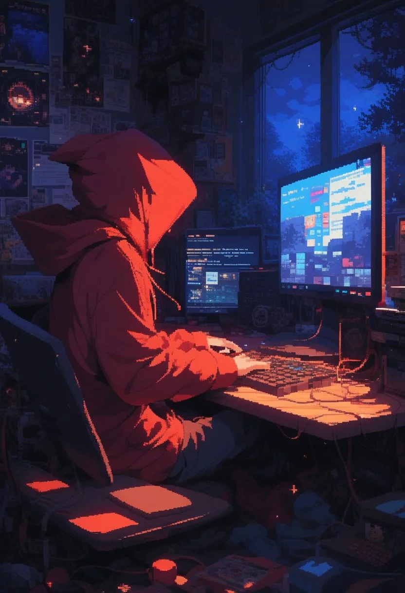 score_9, score_8_up, score_7_up, <lora:PixelART1:1>pixelart,pixel,solo, sitting, indoors, hood, english text, hoodie, night, 1other, computer, monitor