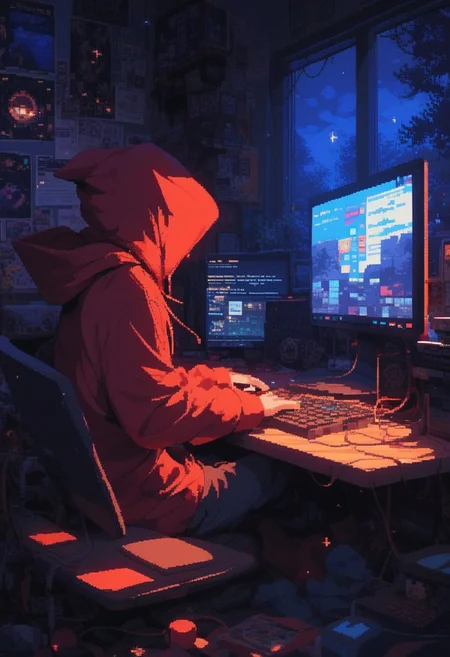 score_9, score_8_up, score_7_up, <lora:PixelART1:1>pixelart,pixel,solo, sitting, indoors, hood, english text, hoodie, night, 1other, computer, monitor