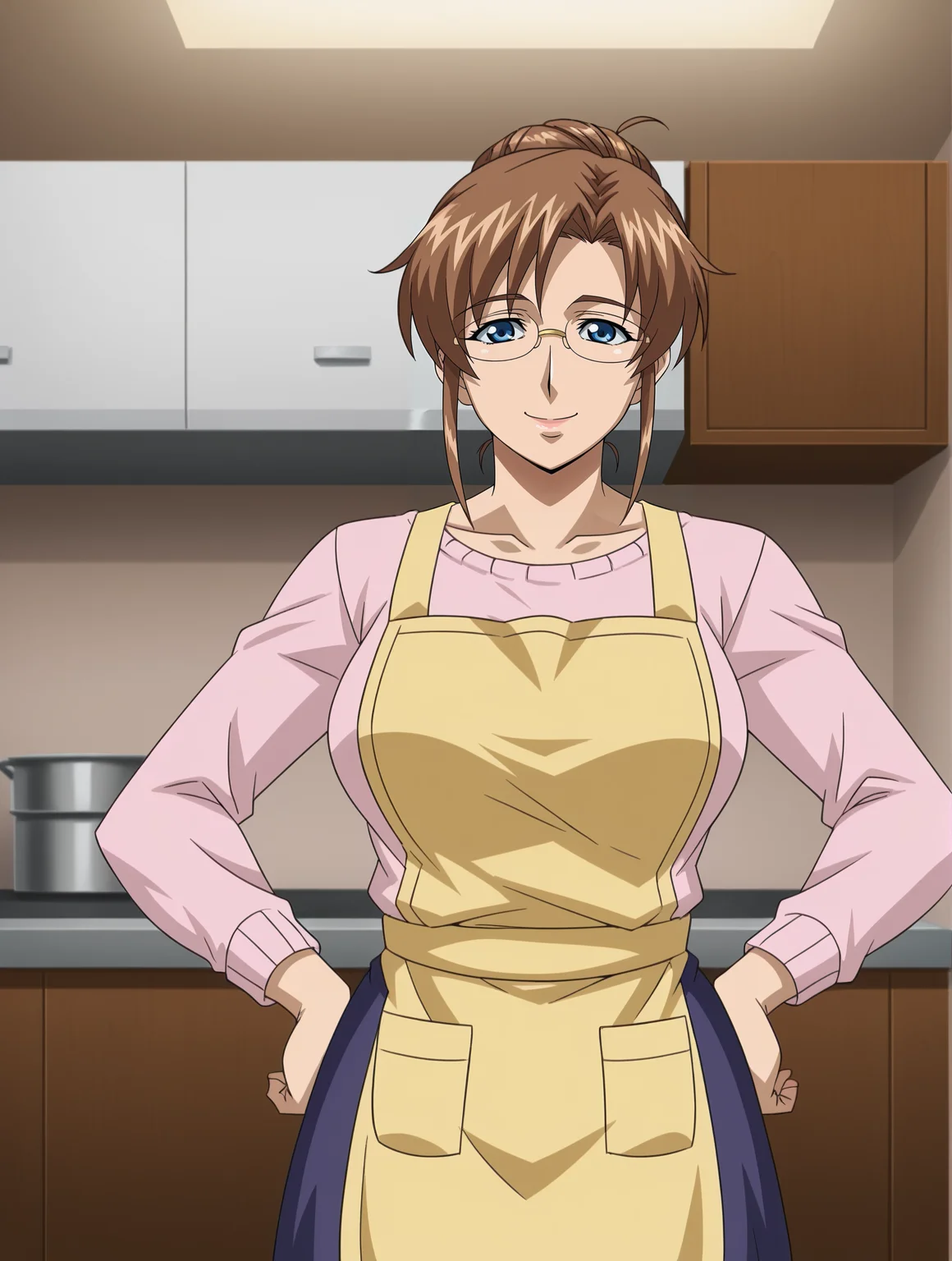 <lora:Misako_Takakura-Ayatsuri_Haramase_DreamNote:0.7>,Misako,mature female,1girl,solo,glasses,brown hair,blue eyes,hair bun,breasts,shirt,apron,skirt,hands on own hips,cowboy shot,looking at viewer,smile,indoors