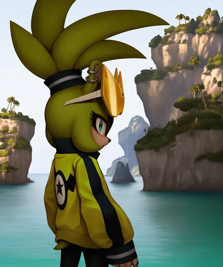 solo, surge the tenrec, blue eyes, eyewear on head, female, ring piercing, yellow jacket, logo, rear view, island, by drakonst, realistic, cinematic lighting, best quality, highly detailed, <lora:SurgeXL_030-Noob-nd64-lr2-ep26:1>