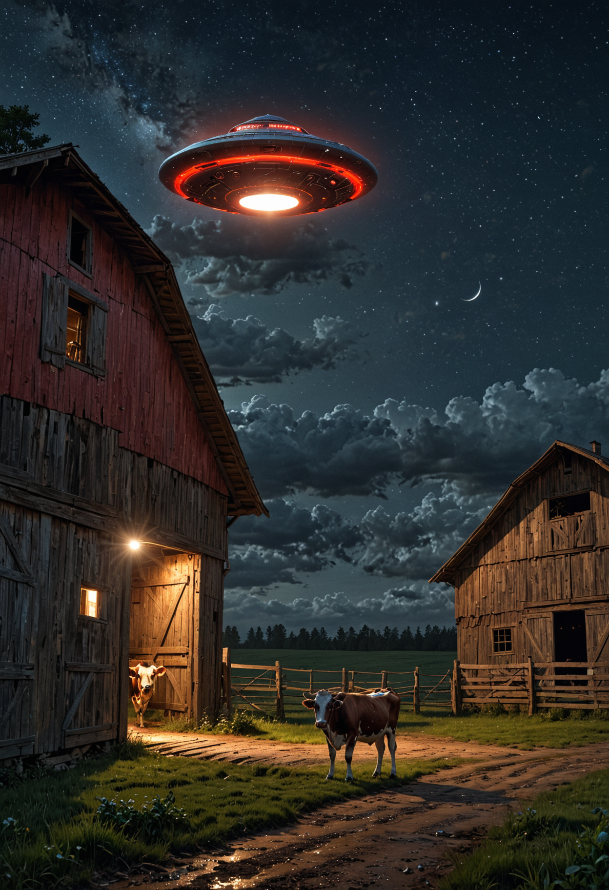 In the enigmatic night setting, a sleek, metallic UFO resembling a flying saucer hovers with an ominous presence above a lone cow standing in front of a rustic barn. A powerful spotlight cuts through the darkness, illuminating the cow in an intense beam. The scene is depicted in a hyper-realistic painting that captures every intricate detail: the cow's deep brown fur, the weathered wood of the barn, and the gleaming UFO against the night sky. This stunning image exudes a sense of mystery and tension, drawing viewers in with its impeccable artistry and striking visual storytelling.  <lora:EpicF4nta5yXL:0.8>