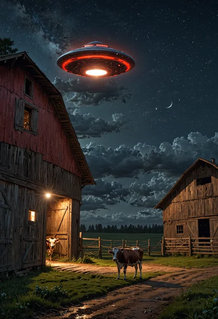 In the enigmatic night setting, a sleek, metallic UFO resembling a flying saucer hovers with an ominous presence above a lone cow standing in front of a rustic barn. A powerful spotlight cuts through the darkness, illuminating the cow in an intense beam. The scene is depicted in a hyper-realistic painting that captures every intricate detail: the cow's deep brown fur, the weathered wood of the barn, and the gleaming UFO against the night sky. This stunning image exudes a sense of mystery and tension, drawing viewers in with its impeccable artistry and striking visual storytelling. <lora:EpicF4nta5yXL:0.8>