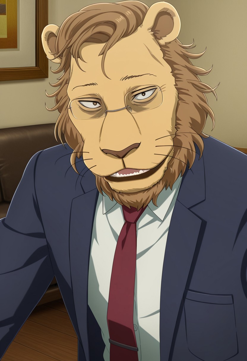high quality, detailed, male, solo male, Ibuki, mature male, anthro, lion, tan yellow fur, light brown mane, brown hair, short mane, hazel eyes, animal ears, beastars, athletic build, glasses, indoors, living room, blue suit, white dress shirt, red tie, smiling, looking at viewer
