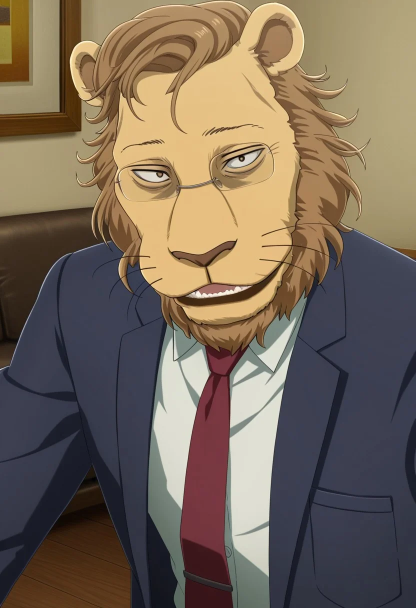 high quality, detailed, male, solo male, Ibuki, mature male, anthro, lion, tan yellow fur, light brown mane, brown hair, short mane, hazel eyes, animal ears, beastars, athletic build, glasses, indoors, living room, blue suit, white dress shirt, red tie, smiling, looking at viewer