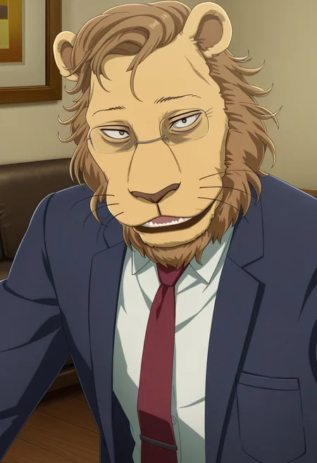 high quality, detailed, male, solo male, Ibuki, mature male, anthro, lion, tan yellow fur, light brown mane, brown hair, short mane, hazel eyes, animal ears, beastars, athletic build, glasses, indoors, living room, blue suit, white dress shirt, red tie, smiling, looking at viewer