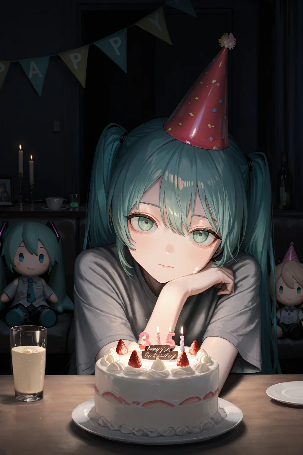 masterpiece,best quality, 1girl, food, twintails, cake, solo, hat, long hair, birthday cake, v, shirt, character doll, cup, party hat, dark, aqua hair, looking at viewer, drinking glass, table, white shirt, fruit, green eyes, candle, aqua eyes, short sleeves, closed mouth, happy birthday, grey shirt, expressionless, upper body, stuffed toy,<lora:SakiikaStyle_IL:0.7>,SakiikaStyle,