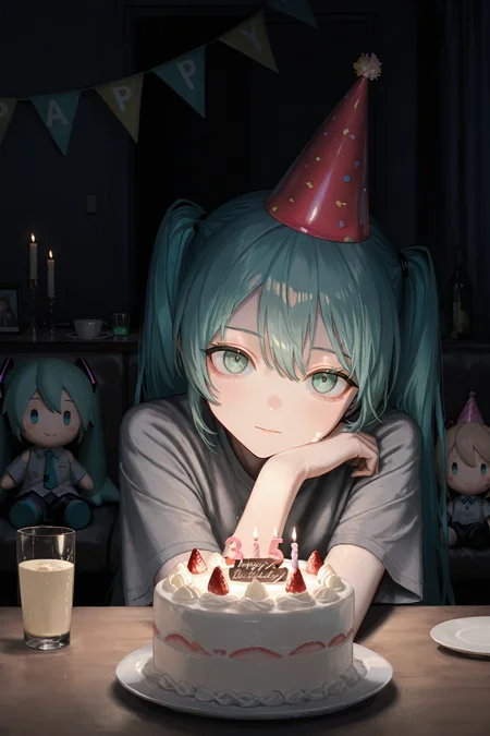 masterpiece,best quality, 1girl, food, twintails, cake, solo, hat, long hair, birthday cake, v, shirt, character doll, cup, party hat, dark, aqua hair, looking at viewer, drinking glass, table, white shirt, fruit, green eyes, candle, aqua eyes, short sleeves, closed mouth, happy birthday, grey shirt, expressionless, upper body, stuffed toy,<lora:SakiikaStyle_IL:0.7>,SakiikaStyle,