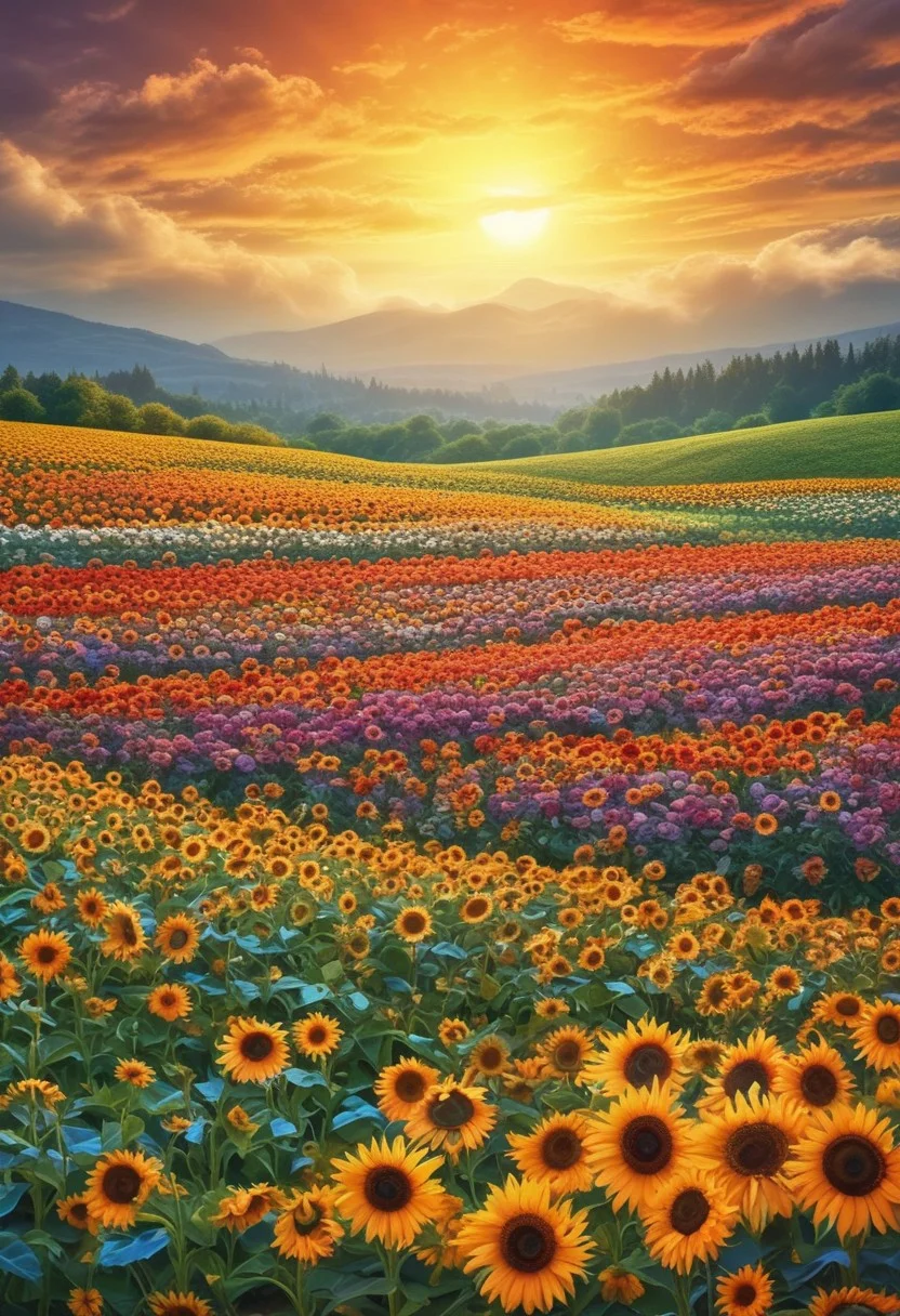 no humans, no people, realistic, 2.5, 3d, masterpiece, detailed, highly-detailed, ultra-detailed, high definition, 4k, high quality, best quality, beautiful wide fields of sunflowers, daylight, surreal, rainbow, aurora boreal, fantasy, scenery, nature, landscape, very wide shot, bright colors, vivid colors, floating butterflies, bright flowers, vivid sunfields, pastel sky, light soft rainbow prism background, soft colorful pastel colors background, light in the wind, floating petals, detailed, bloom, bloom colors, vivid colors, gold theme, green theme, nature theme, flower theme, floral theme, absurdly beautiful nature, phographic shot, nature shot, very wide shot, sharp details, sharp background, light rays, sunlight, sunlight, brightness, (((realistic))), (((CG))), day, fantasy sunflower field, magic, particles of light, sparkle, gold details, mystical, glitters, gold, colorful, lighting, shadow, flower background, crystals, the sun leaving the clouds in the corner, sunlight seen through clouds, sunlight brightens the field, focused sun rays, beautiful light, light particles, (cloudy only at the corner), ((bright sky and flowers)), ((sunlight brightens the flower field)), rainbow gradient, rainbows reflecting from rivers across fields of sunflowers, bright sunflowers, detailed flower fields, vivid sunflowers, sunflower, sunflower field, scenery, Tyndall effect, light rays, mixed style, realistic, slighly fantastical, ((no humans))