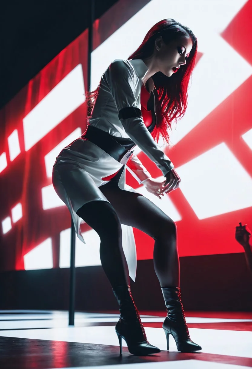 creativity_extractor pitch black background, on stage spotlight, black ,white and red colors, an breathtaking beautiful cg_darkscifi woman Horror_cg doing sensual Expressive dance, mm style