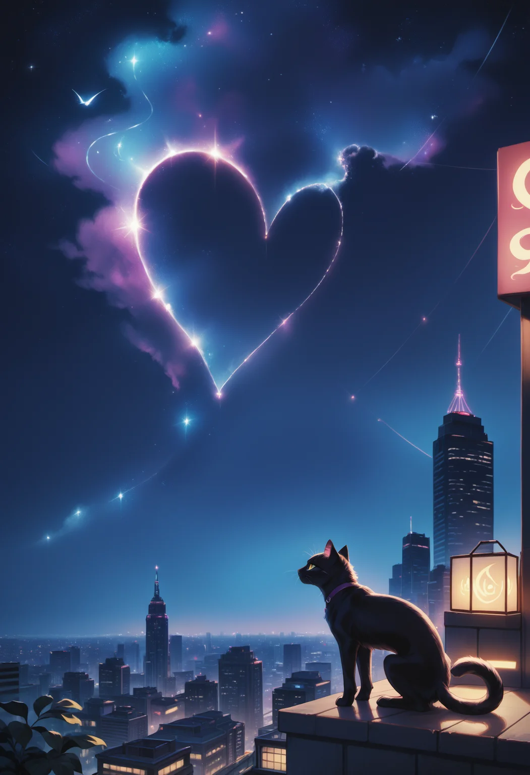 score_9, score_8_up, score_7_up, source_furry, rating_safe, detailed, volumetric lighting, vibrant colors,
no humans, city, cityscape, city lights, night, starry night, (heart-shaped galaxy), scenery,
background focus, city focus,
feral cat,