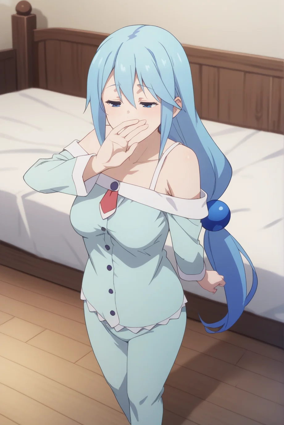 score_9, score_8_up, score_7_up, score_6_up, score_5_up, score_4_up, BREAK source_anime, 1girl, solo,
<lora:AquaXL-v1-07:0.7>, ChopioAqua, blue hair, long hair, very long hair, hair ornament, hair between eyes, blue eyes, 
mature female, (thick thighs:0.8), medium breasts,
low ponytail,
outfit_2, blue pajamas, strap, off-shoulder, red necktie, blue gem, buttons, blue pajama bottoms,
bedroom, bed, fantasy, wooden floor,
standing, yawning, half-closed eyes, covering mouth,  open mouth, stretching,