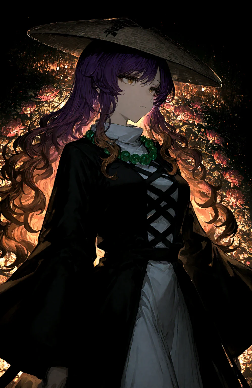 1 girl, hijiri_byakuren,l bead_necklace, beads, black_dress ,brown_hair ,closed_eyes, closed_mouth, dress , facing_viewer, flower ,gradient_hair , jewelry ,long_hair ,long_sleeves ,multicolored_hair, necklace, purple_hair ,solo ,wide_sleeves,wavy_hair,
dark, night, ajirogasa,
,Fishine, munakata_(sekimizu_kazuki),dekosukentr,kizuki_aruchu ï¼ireadingï¼kubo_tite_(style) ,
,masterpiece, best quality, newest, absurdres, highres,
<lora:illustrious_noobai_epsilon_pred_1_best_quality_v1:0.6> ,<lora:illustrious_noobai_epsilon_pred_1_masterpieces_v1:0.6>, <lora:illustrious_noobai_epsilon_pred_11_very_aesthetic_v1:0.6>, <lora:ponyv5_noobV065S_1_adamW:0.6>, <lora:add-detail-xl:0.5>, <lora:USNR STYLE_XL_loha:0.6>, <lora:cfg_scale_boost:0.4>,