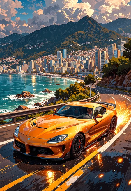 A dazzling gold sports car speeds along the winding roads of Monaco, hugging the curves of the Monte Carlo coastline. The backdrop features luxurious yachts and towering glass skyscrapers reflecting the setting sun. A dynamic camera angle captures the car mid-turn, with sparks flying as the tires grip the road. Motion lines and a heatwave distortion effect in the air enhance the sense of high-speed racing.