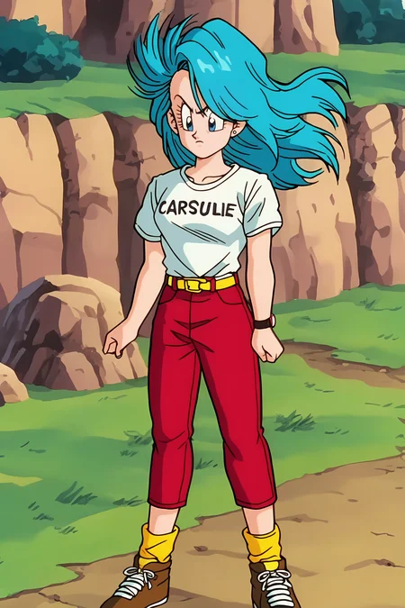 source_anime, score_9, score_8_up, score_7_up, anime screencap, high quality, 8k, absurdres, official style, 
bulma, pre-namek saga, long hair, blue hair, blue eyes, messy hair,
stud earrings, white shirt, short sleeves, watch, wristwatch, yellow belt, jeans, red pants, english text, print shirt, clothes writing,shirt tucked in,yellow legwear, socks, brown footwear, shoes,
rock, canyon, wind lift, 
 <lora:bulmaDBZ_pony_v2:0.8>