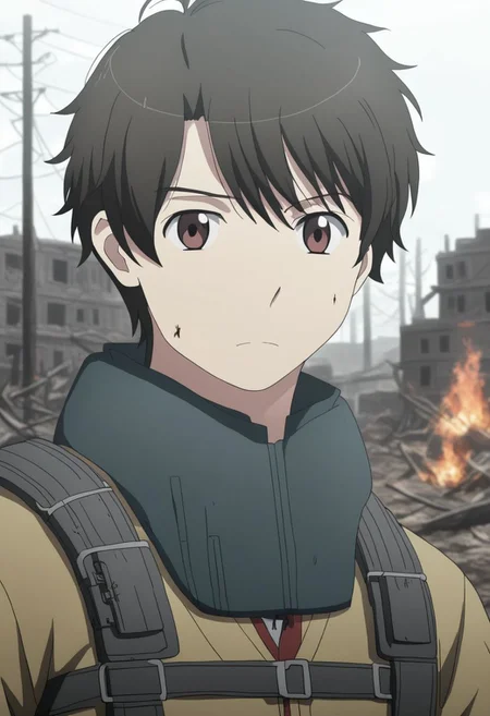 high resolution, solo, best quality, 1Boy, Inaho Kaizuka, Black Hair, Brown Eyes, shallow depth of field, Post-Apocalyptic, survival, OverallDetail