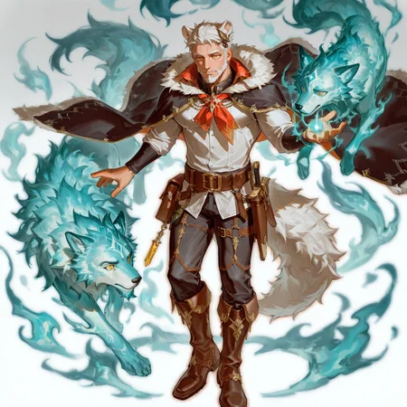 <lora:Flamel_Alchemist_Code-000003:.5>tagatameflamel, 1boy, white hair color, middle hair, hair accessories, animal ears, fluffy fur, yellow eyes,, cape, long sleeves shirt, belt, pants, knot, boots, magic, spirit animals, solo, male focus, manly, mature male,
(very short hair, beard, bara, mature, facial hair, stubble, beard, full beard, sideburn, beard, a lot of beard, ), facial hair,male focus, muscular male, muscular male, bara, mature,  bara, mature, aixiwuganda_(20222192), very awa, masterpiece, best quality, absurdres, newest, perfect quality, detailed background, intricate details,
<lora:slider_Body Type_alpha1.0_rank4_noxattn_last:3><lora:Anime Summer Days 2 Style SDXL_LoRA_Pony Diffusion V6 XL:.6><lora:slider_cfg_scale_boost:.7><lora:Artist6p:.55>, Artist6p, Artist04p,<lora:slider_il_brightness_slider_d1:-1><lora:slider_il_contrast_slider_d1:-1><lora:slider_DarkSlider1.2_alpha1.0_rank16_full_300steps:-.6>