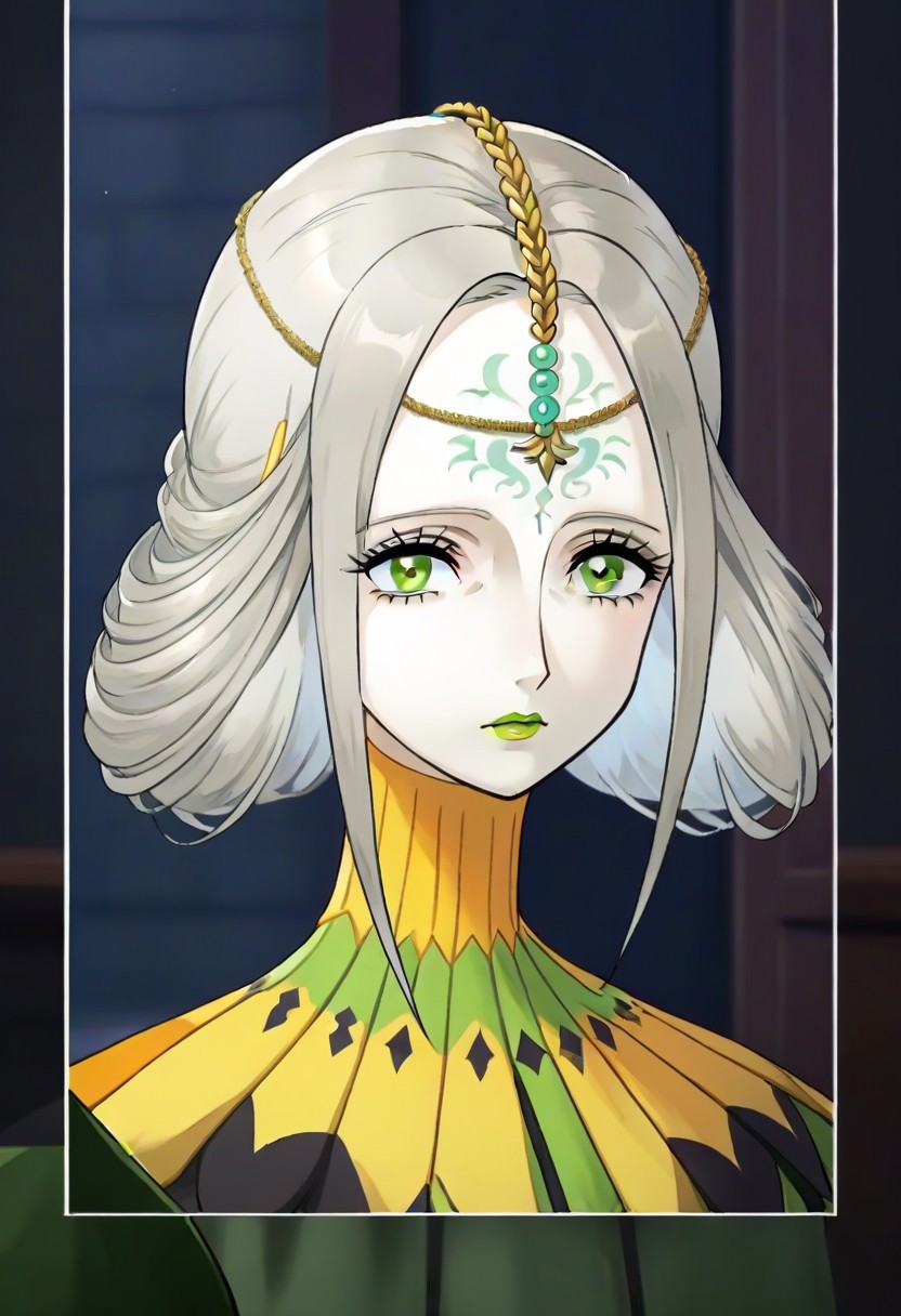 source_anime, 1girl, white skin, grey hair, forehead tattoo, green eyes, green lips, hair decoration, head chain, wrinckles, high yellow collar, medieval dress, white and green dress,<lora:Joanna_-_Metaphor_ReFantazio_-_Pony:1>