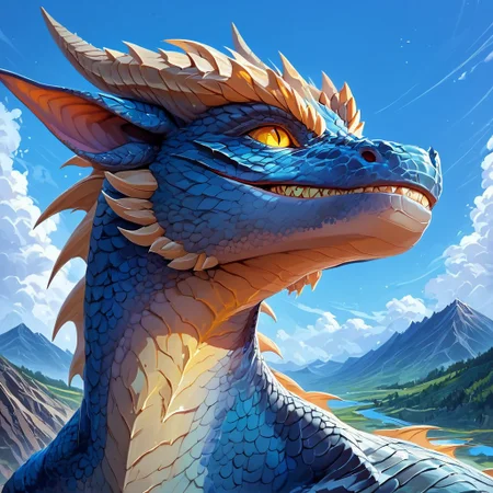 score_9, score_8_up, score_7_up, score_6_up, semi-realistic artwork, high quality, vibrant colors, best quality rendering, intricate details, high resolution, sharp focus, best render quality,[e621] Scappo Style,Expressiveh,
Dracthyr, outdoors, sky, no humans, scales, horns, slit pupils, day, solo, cloud, sharp teeth, mountain, upper body, teeth, blue sky, yellow eyes, colored sclera