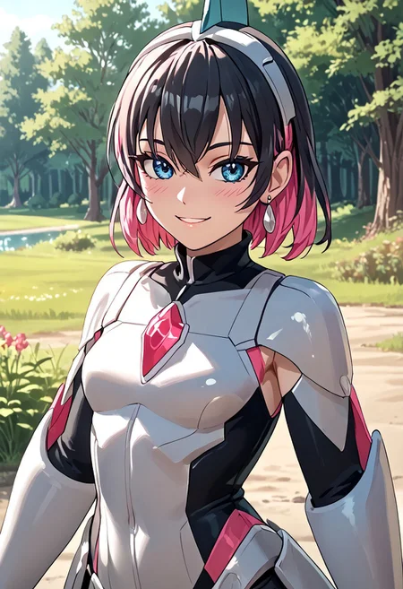 score_4,score_5,score_6,score_7_up,score_8_up,score_9 ((masterpiece,best quality,ultra detailed,highres,HD,4k:1.2)), 
1 girl,solo,face focus,
((ironvaliantsv,human girl,)),
short hair,black hair,multicolored hair,Inner color pink hair,blue eyes,tattoo,black head gear,earrings,small breast,
outdoors,in the forest,day,
standing,
smile,.blush,light smile,