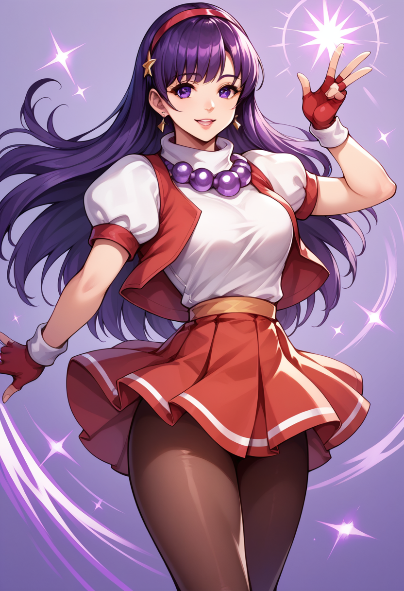 score_9, score_8_up, score_7_up, score_6_up, source_anime BREAK   <lora:Athena97:1>,  Athenakof97, long hair, purple hair, purple eyes, red hairband, pearl necklace, puffy sleeves, short sleeves, open vest, skirt, pantyhose, fingerless gloves,  looking at viewer, open hand, purple background, purple magic, breasts,