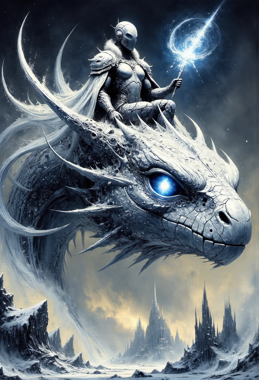 A majestic, frost-covered dragon with shimmering white scales and glowing icy-blue eyes soars through a frozen, twilight sky. The air around it is filled with swirling snowflakes and crystalline frost, leaving an icy trail in its wake. Atop the dragon sits a regal Ice King, clad in ornate silver armor adorned with frost patterns, his flowing cloak made of snow-laden fur. His frost-blue eyes pierce through the frigid air, and he holds a glimmering ice scepter aloft, radiating swirling, frost-blue magical energy that dances like frozen fire. Below them, a frozen kingdom stretches into the horizonâan ethereal landscape of jagged ice cliffs, glacial rivers, and towering castles sculpted entirely from translucent ice. The atmosphere is charged with an icy magic, as glowing runes shimmer faintly on the dragon's scales. Frost and shimmering particles fill the scene, creating a breathtaking yet chilling display of power and majesty, set against the backdrop of an endless, starry winter sky. <lora:Dever_Flux_Enhancer.safetensors:0.5>, <lora:- Flux1 - vanta_black_V1.0.safetensors:0.75>, <lora:artisketchyfs-v02.safetensors:0.75>, <lora:paintart-style-006-v1-0-flux.safetensors:0.7>,