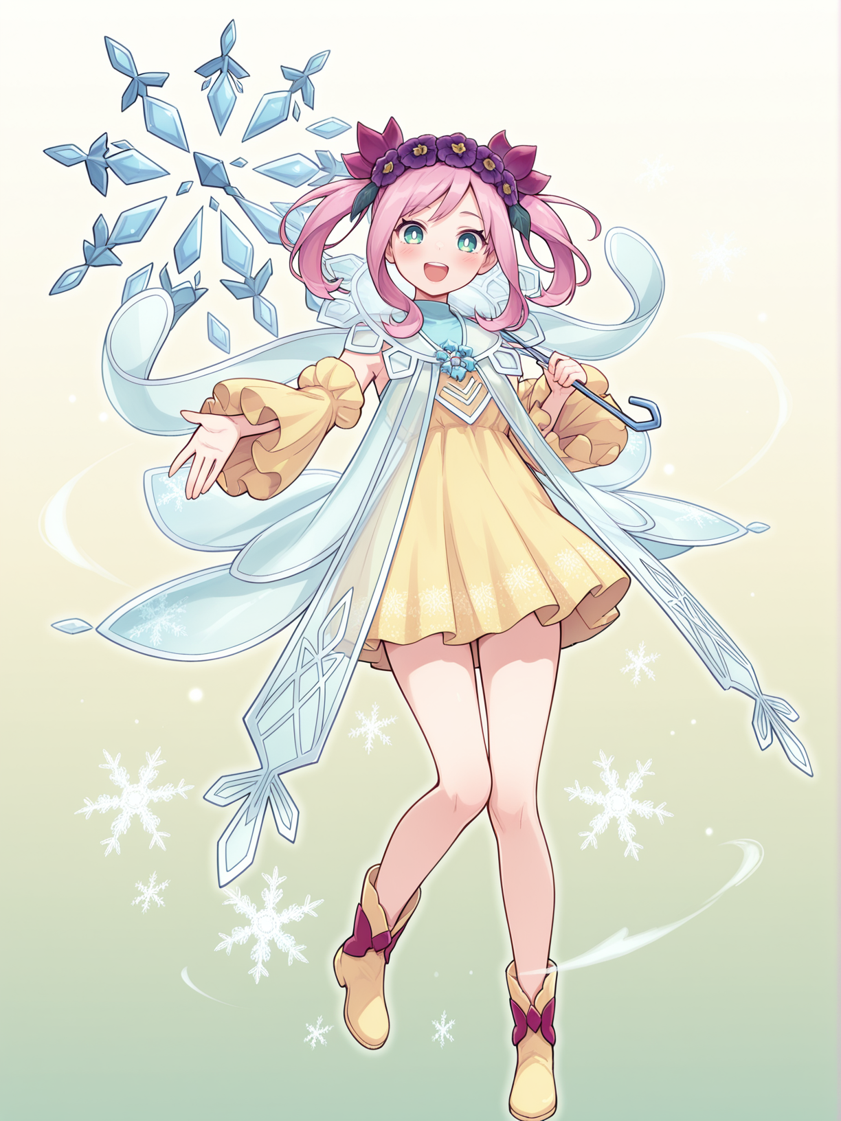 1girl, rikka queen strenna, solo, open mouth, smile, snowflakes, holding crystal umbrella, crystal umbrella, green background, looking at viewer, full body, blush, :d, sidelocks, teeth, gradient background, white pupils, purple hair flower, see-through cape, yellow detached sleeves, yellow strapless dress, yellow boots,
masterpiece,best quality,amazing quality,very aesthetic,absurdres,newest,<lora:Rikka Queen Strenna illusXL v1.1:0.7>,
