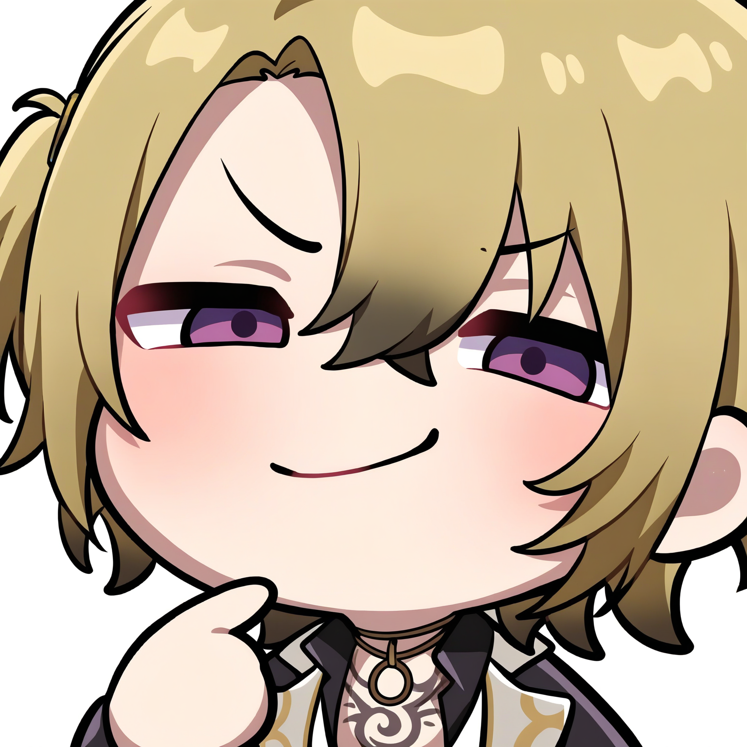 <lora:EmoteStyleSDXL:1>, best quality, masterpiece, emote, chibi, luca kaneshiro, blonde hair, 1boy, purple eyes, smug, upper body, white background, simple background,