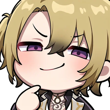 <lora:EmoteStyleSDXL:1>, best quality, masterpiece, emote, chibi, luca kaneshiro, blonde hair, 1boy, purple eyes, smug, upper body, white background, simple background,