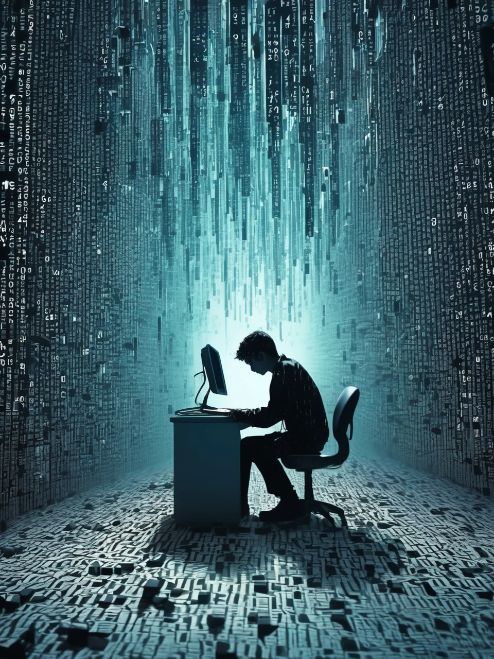 teen person falling through computer world falling apart into binary code, merge of dream and computer code realms, masterpiece, cinema lighting, modern ink, urbanpunk, aesthetic