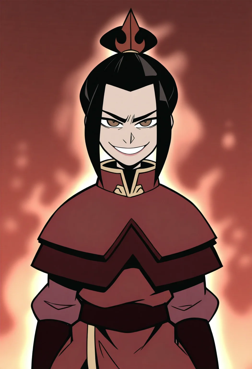 masterpiece, best quality, very aesthetic, absurdres, vanripper BREAK
1girl, azula, black hair, brown eyes, topknot,
armor, 
evil smile, upper body, looking at viewer, solo, red background   <lora:VanripperIllustriousXL_byKonan:1> <lora:AzulaIllustriousXL_byKonan:1>