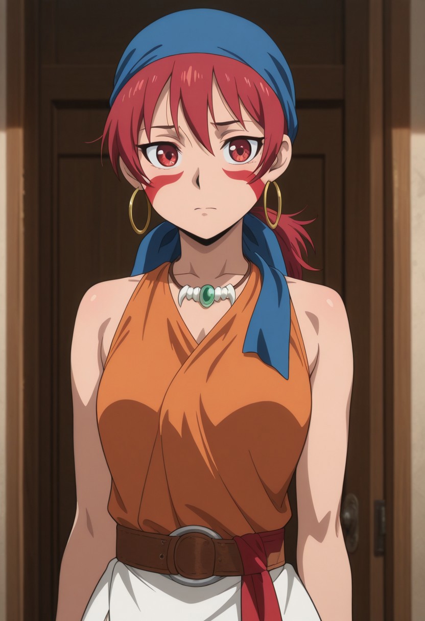 masterpiece,best quality,amazing quality, source_anime, 
alfarid, 1girl, solo, facepaint, red eyes, red hair, blue bandana, necklace, hoop earrings, orange shirt, sleeveless, belt, red sash, white skirts,