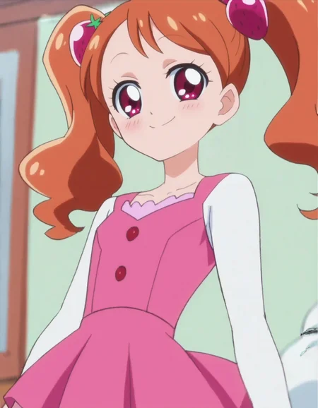 score_9, score_8_up, score_7_up, anime screencap, solo,1girl,usamiichika, smile, looking at viewer, strawberry hair ornament, long sleeves, pink dress,white shirt,cowboy shot,small breasts,blush<lora:usamiichika:0.8>