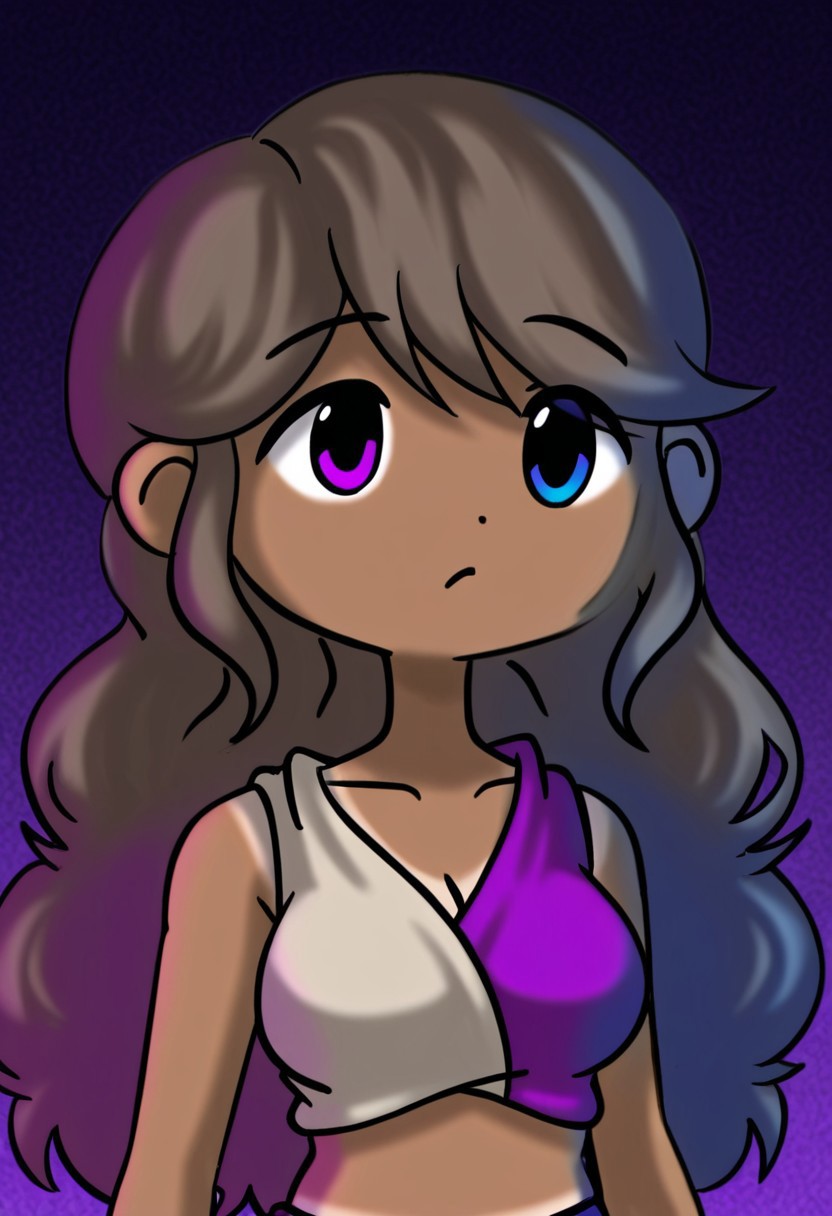 Alie, 1 girl, alone, long wavy brown hair with bangs with both strands on the sides, purple and blue eyes with heterochromia
Alie in African clothing, tanned skin, an African tribe in the background