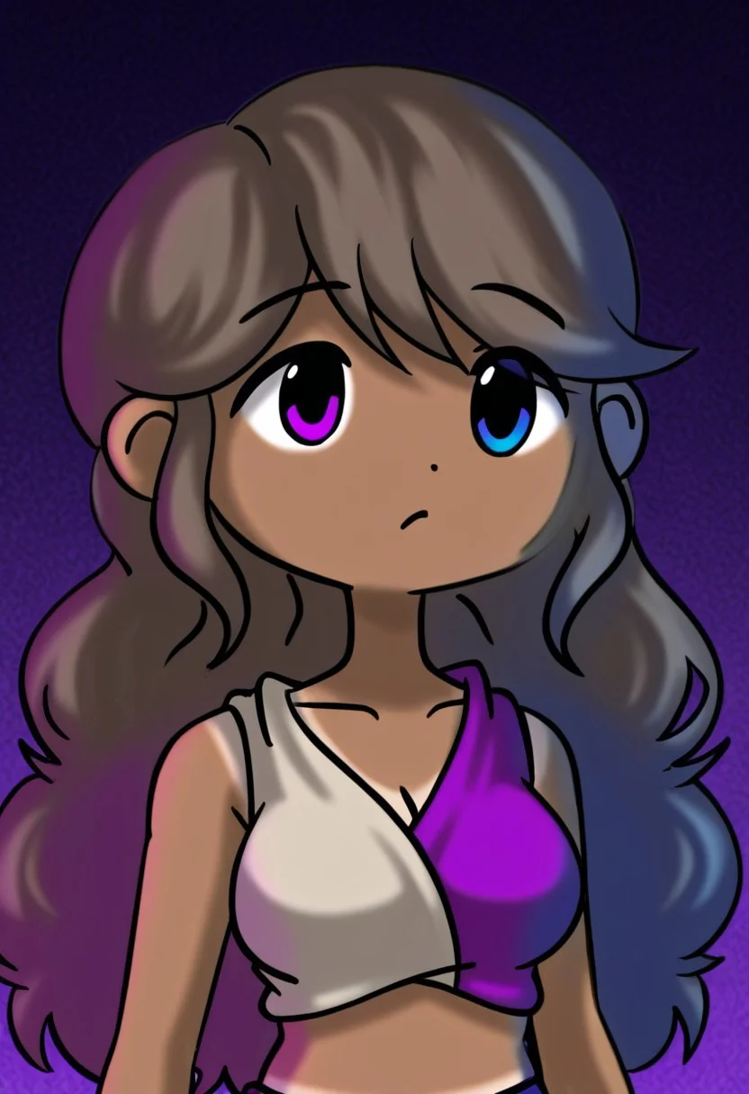 Alie, 1 girl, alone, long wavy brown hair with bangs with both strands on the sides, purple and blue eyes with heterochromia
Alie in African clothing, tanned skin, an African tribe in the background
