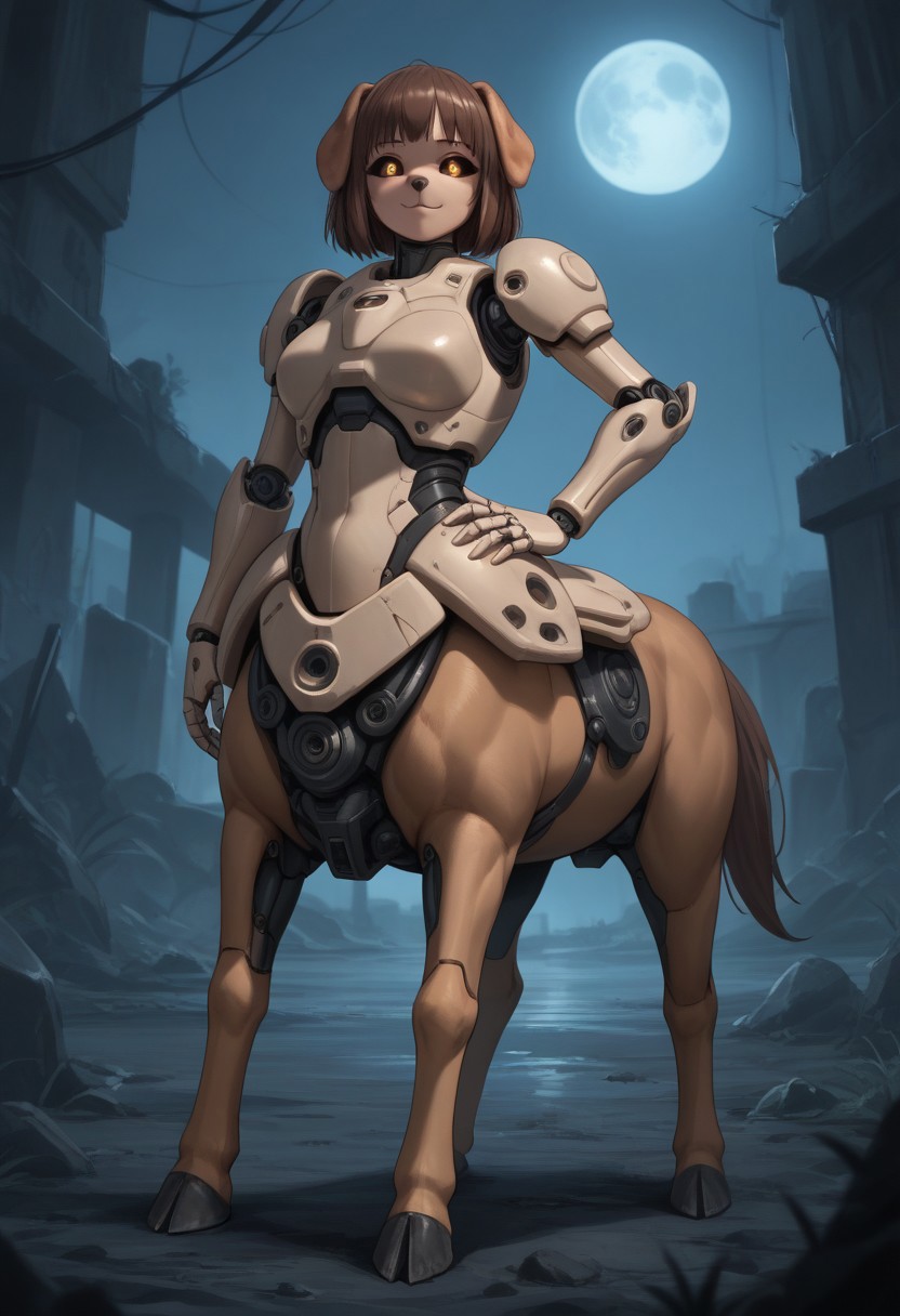 score_9,score_8_up,score_7_up,score_6_up,score_5_up,score_4_up, BREAK ((Pug)), robot, centaur, solo, smile, industrial ruins, night, hooves, brown horse tail, Robot girl, Mecha, Android, mechanical limbs, robot joints, tan metal skin, black sclera, no mouth, armor, glowing eyes, furry, brown hair, bangs, ((dog head, floppy dog ears, dog nose,)) hand on hip, dark snout