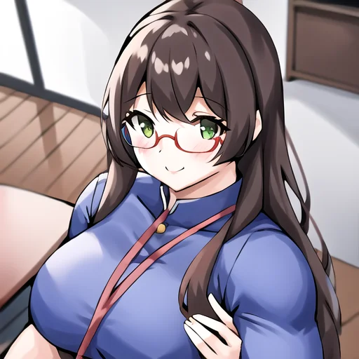 1girl, solo, best quality, musctonk-8100, (portrait), (closed mouth), green eyes, red hair, medium hair, street fighter, seductive smile, office lady, glasses, office costume
