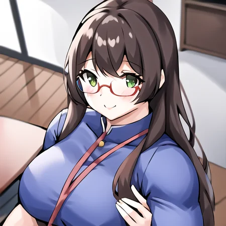 1girl, solo, best quality, musctonk-8100, (portrait), (closed mouth), green eyes, red hair, medium hair, street fighter, seductive smile, office lady, glasses, office costume