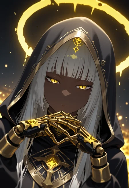 (masterpiece, best quality:1.2), amazing quality, very aesthetic, 32k, absurdres, newest, scenery,
1girl, solo, long hair, looking at viewer, simple background, white background, upper body, yellow eyes, white hair, hood, dark skin, blunt bangs, halo, dark-skinned female, hands up, glowing, own hands together, portrait, slit pupils, glowing eyes, hood up, black skin, long sleeves, corruption, skeletal hand, gold trim, gold
, mature female, half-closed eyes,
,dutch angle, dark background, (night:0.8), blurry background, glowing light particles, depth of field <lora:PHM_style_IL_v3.3:1.0>