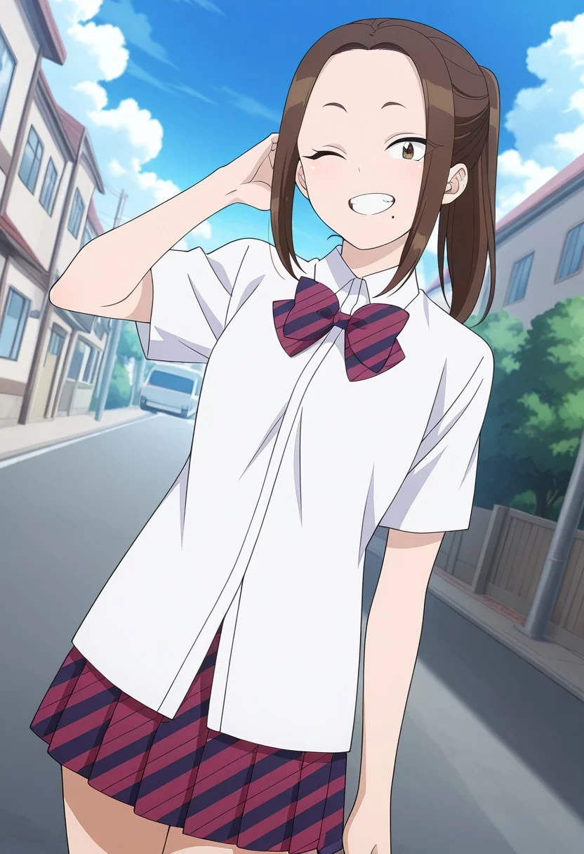 female focus, dutch angle, anime screencap, anime coloring, masterpiece, official art, official style, amazing quality, high resolution, absurdres, best quality, Excellent anatomy, detailed characters, characters without any generation errors, detailed background
outside, day, neighborhood, on the streets, houses in the background, clear sky, blue sky, mega ultra detailed background, ultra detailed background
1girl, solo, smile, oneminenenecnn, 1girl,brown hair, long hair, brown eyes, mole under eye, mole under mouth,ponytail, school uniform, pleated skirt, white shirt,bowtie, short sleeves,striped skirt,
look at the viewer, showing teeth, white teeth, winking, Instagram photo, Instagram, photo for the internet